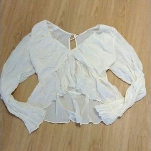 FREE PEOPLE- Sheer White Ruffled Cropped Open Back Boho Bouse Size M